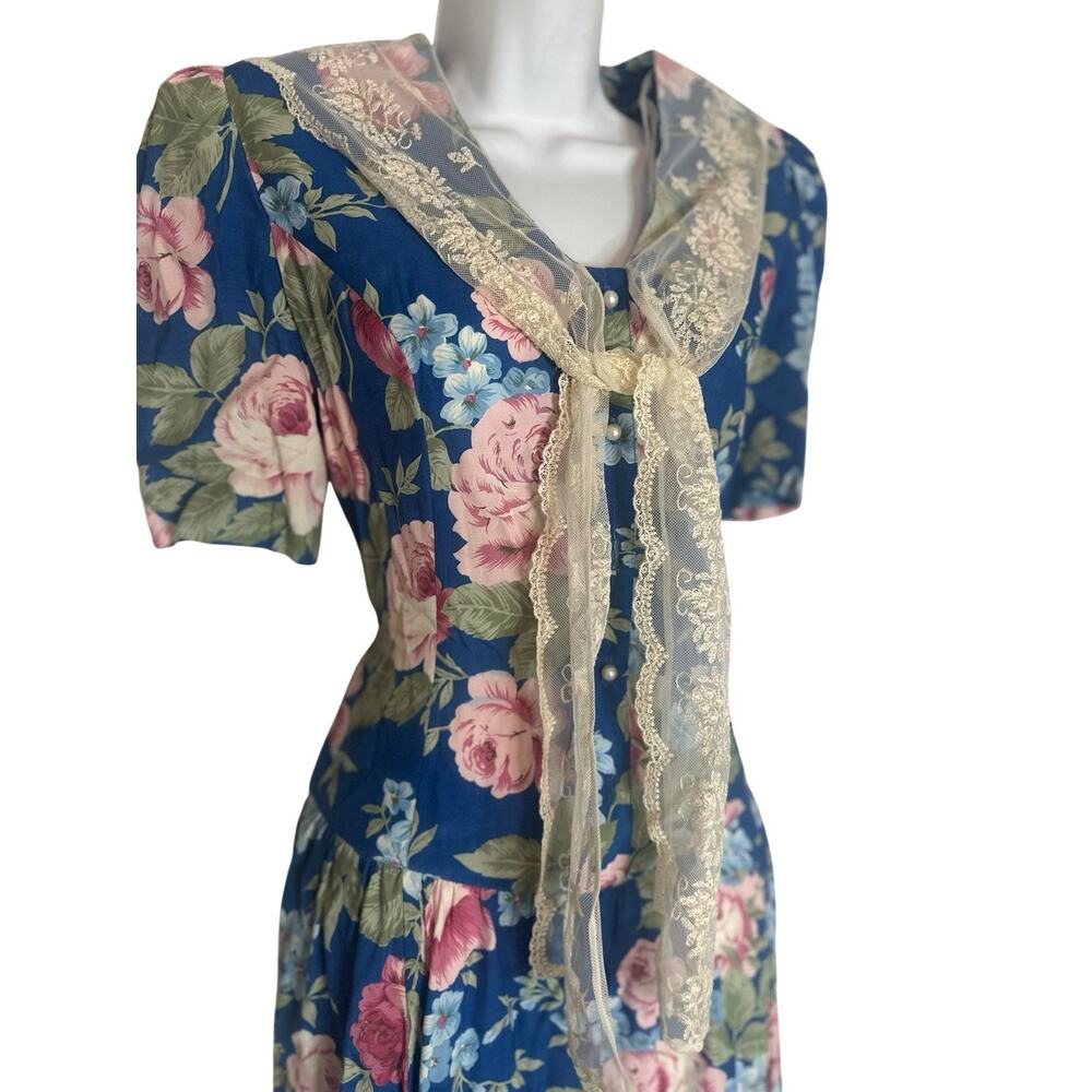 VTG 90s Karen Stevens Romantic Floral Midi Dress Lace Tie Sailor Collar Modest M - Picture 3 of 16